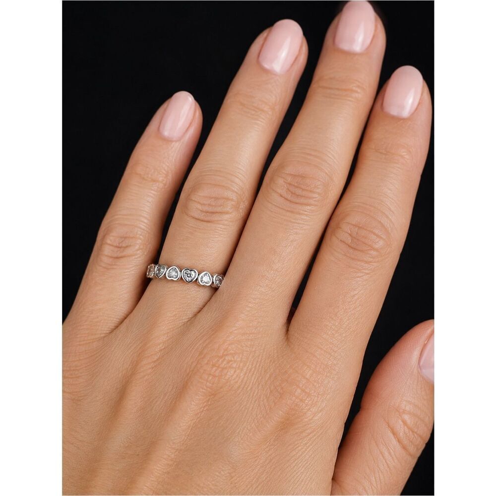 Pandora ALE 925 Sterling Silver Forever More Clear CZ Hearts Stacking Band Ring